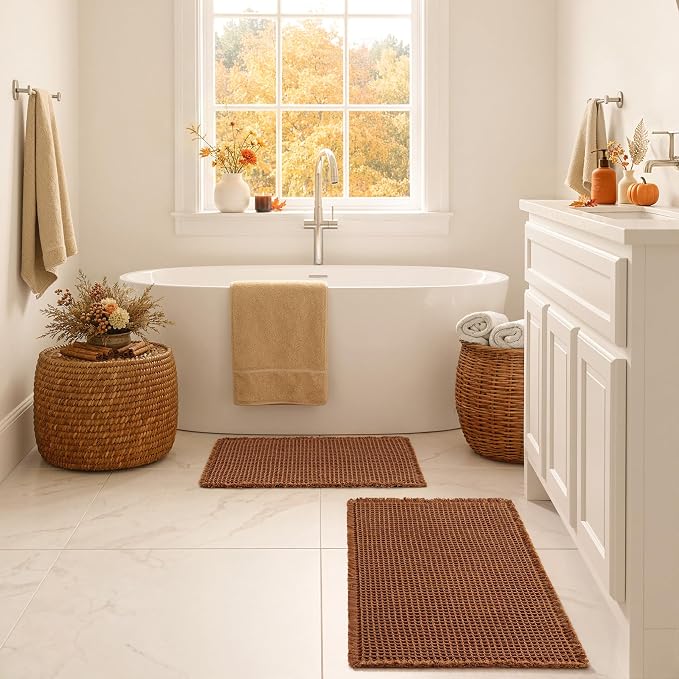 MIULEE Fall Terracotta Set of 2 Waffle Bathroom Rugs 17"x24"+18"x30" | Non Slip, Super Absorbent, Washable, Ultra Soft, Rubber Backed, Small Boho Bath Rugs for Bathroom Floor Tub Shower