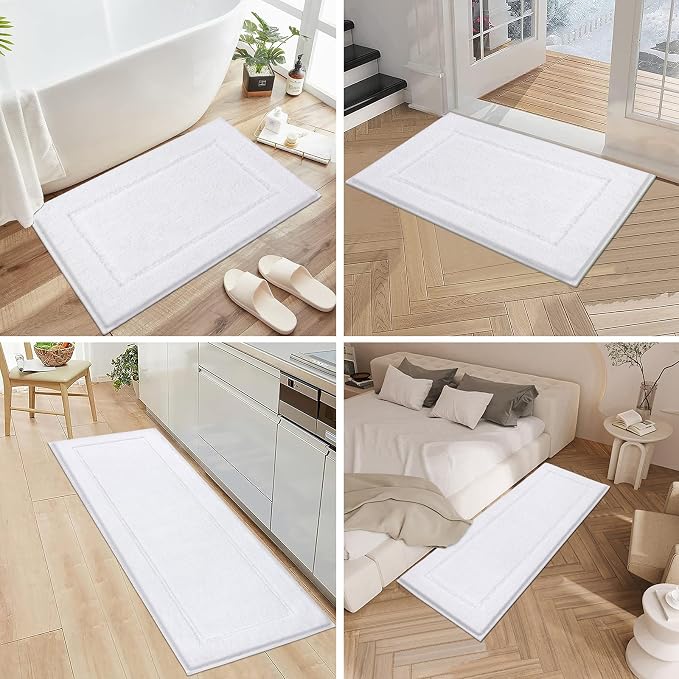 Pauwer Bathroom Rug Sets 3 Piece, Non Slip Washable Bath Mat, White | Soft Plush Microfiber, Super Absorbent Floor Carpet, U Shaped Toilet Mats, Quick Dry, Shaggy Shower Rugs Runners
