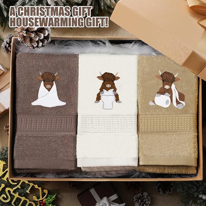 3 Pcs Highland Cow Hand Towels for Bathroom Kitchen Decor Gifts | Embroidered Highland Cow Design, 100% Cotton, Farmhouse Bathroom Kitchen Decor, Absorbent Towels, Holiday Housewarming Gifts