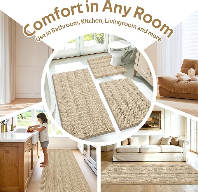 ACCUMTEK Striped Beige Bathroom Rug Mat Set 2 piece 24"x17"+48"x20" Ultra Soft, Non Slip Chenille Bath Rugs, Absorbent Plush Shaggy Bath Mats for Bathroom, Bedroom, Kitchen, Shower, Tub