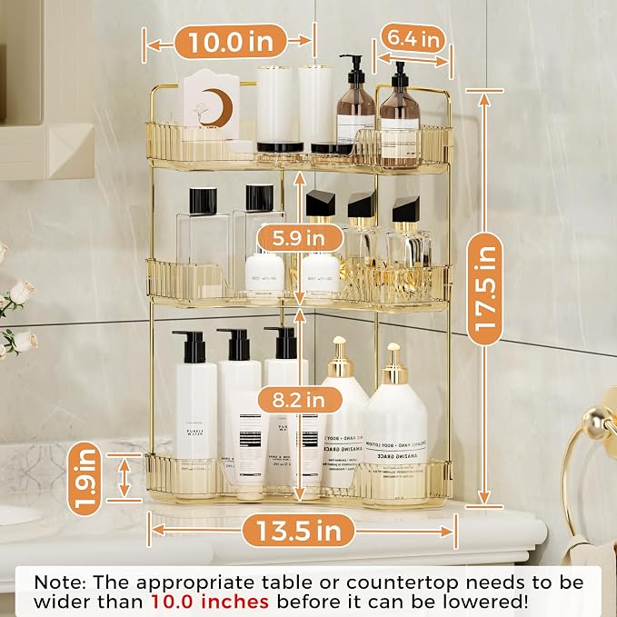 YCIA&DONE Corner Bathroom Counter Organizer, Makeup Organizer for Vanity, Skincare Cosmetic Perfume Tray, Corner Countertop Shelf Rack Storage for Bathroom Kitchen 3 Tiers (Amber Gold)
