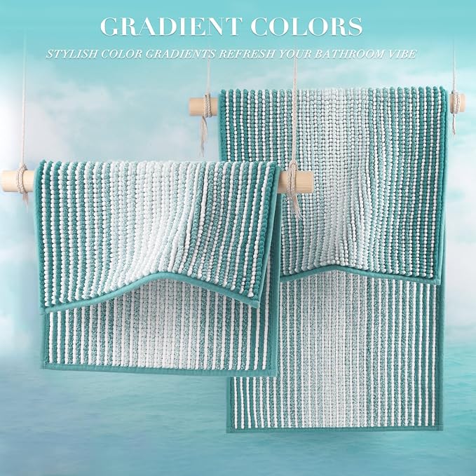 Large Bathroom Rugs Runner, 22x60 Striped Bath Mats, Aqua Green | Non Slip Chenille Backing, Extra Soft Absorbent, Quick Dry Machine Washable, Shower Rug for Bathroom Bedroom Decor