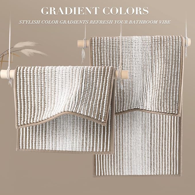 Bathroom Rugs Sets 2 Piece, Non Slip Boho Bath Mats, Light Taupe | 20"x47" Plus 20"x32", Soft Absorbent Striped Chenille, Quick Dry Machine Washable, Shower Rug for Bathroom Bedroom Décor