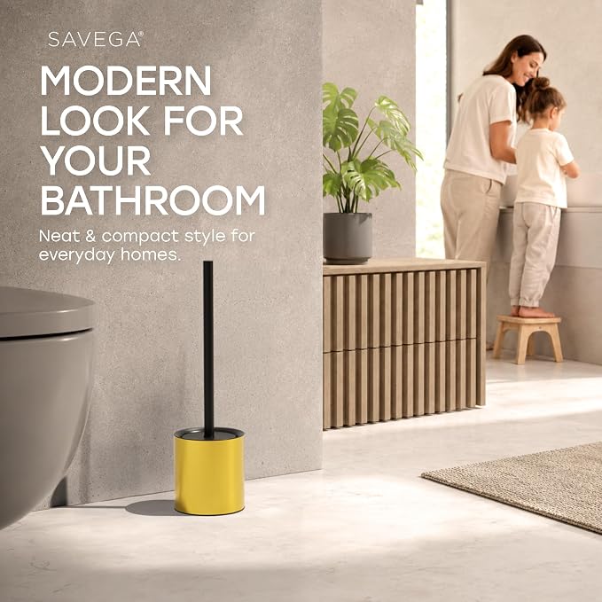 Toilet Bowl Brush with Holder and Splash Guard – Gold | Freestanding toilet bowl brush set with durable steel holder, splash guard lid, and stainless steel handle in gold