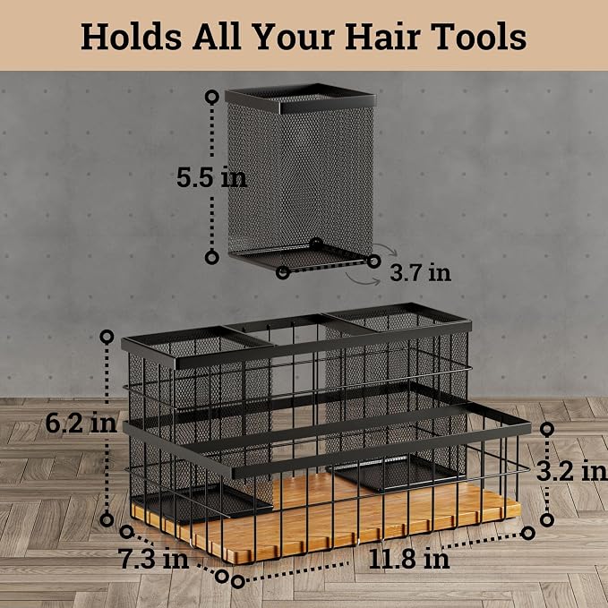 HB Design Co. Hair Tool Organizer - Countertop & Under Sink - Breathable Metal & Bamboo - Hot Hair Tools Organizer - Black