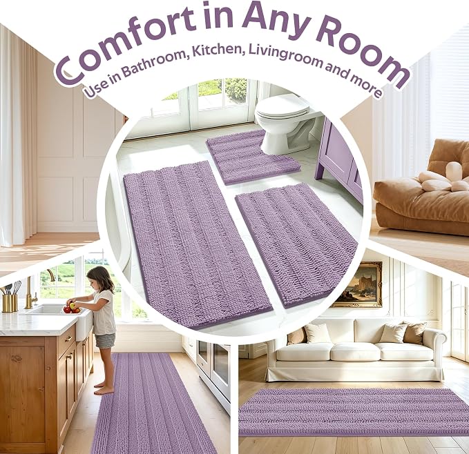 ACCUMTEK Striped Lavender Bathroom Rug Mat Set 2 piece 32"x20"+24"x17" Ultra Soft, Non Slip Chenille Bath Rugs, Absorbent Plush Shaggy Bath Mats for Bathroom, Bedroom, Kitchen, Shower, Tub