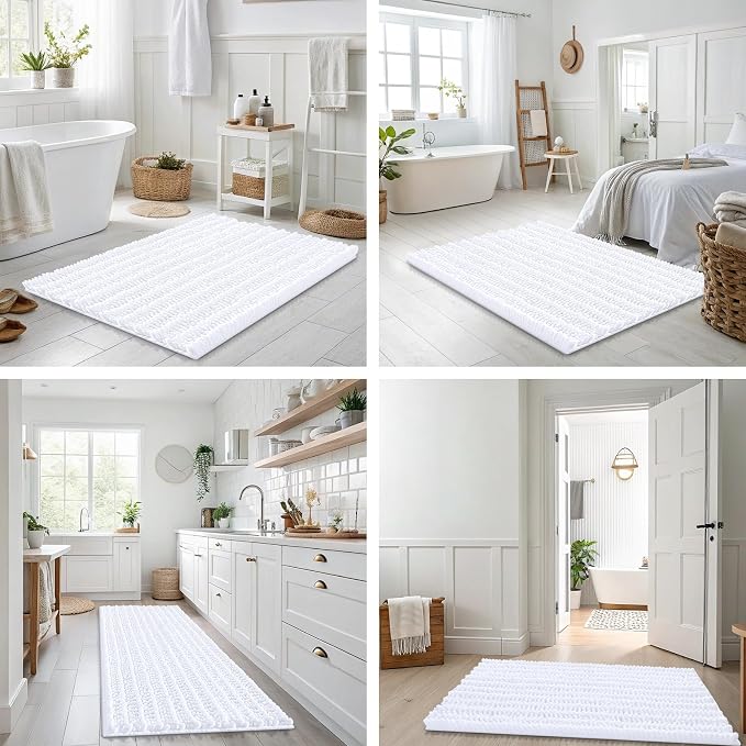 Smiry Bathroom Rugs 40X32, Extra Soft Rubber Backing Chenille Bath Mats | White Machine Washable Non Slip Quick Dry Bath Mats for Bathroom Floor, Tub, Shower, Home Decor Accessories