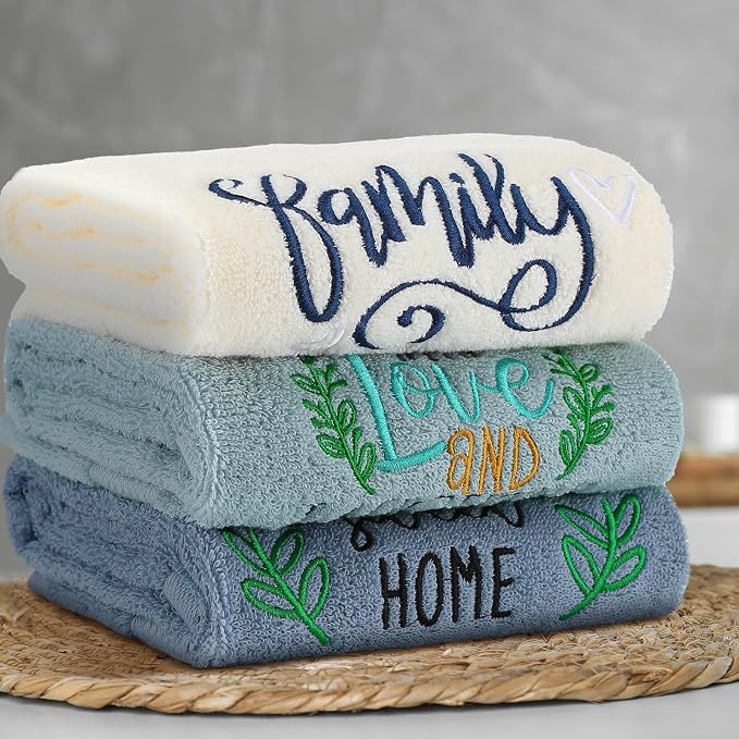 3 Pcs Hand Towels Bathroom Set,Blue,Home, Love, Family | Embroidered Cotton Farmhouse Towels, Kitchen Decor, Rustic Boho Decorative with Text Labels, Guest Bath Home