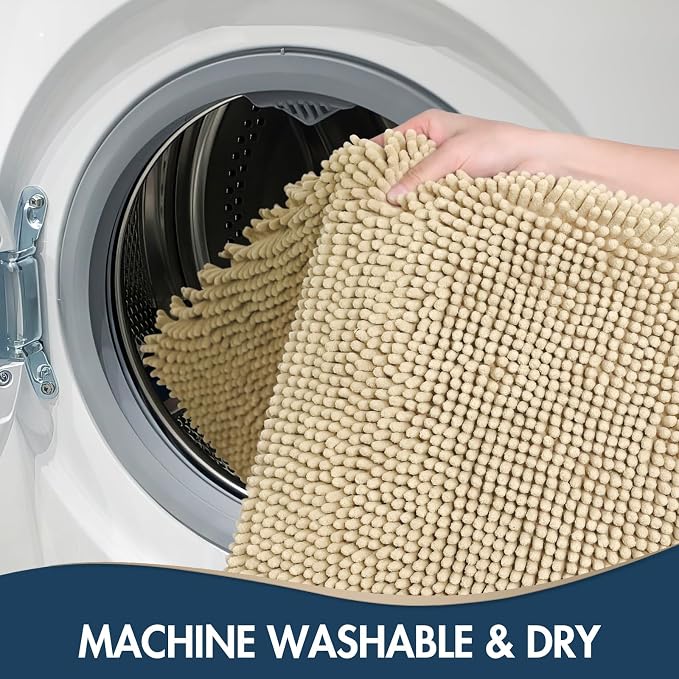 TREETONE Bathroom Rugs Sets, Thick Soft Absorbent 3 Piece Chenille Bath Rugs, Non-Slip, Dry Quickly, Machine Washable, Shaggy Mats with U-Shaped Toilet Rug for Bathroom Floor, Tub and Shower, Beige