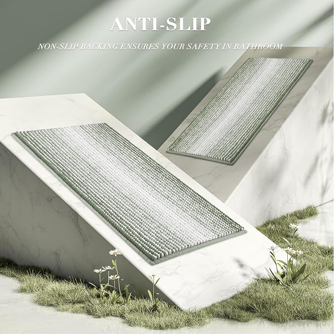 BSICPRO Bathroom Rugs Sets 2 Piece, Non Slip Bath Mats, Greyish Green | 24"x70" Plus 20"x32", Soft Absorbent Striped Chenille, Quick Dry Machine Washable, Shower Rug for Bathroom Bedroom Décor