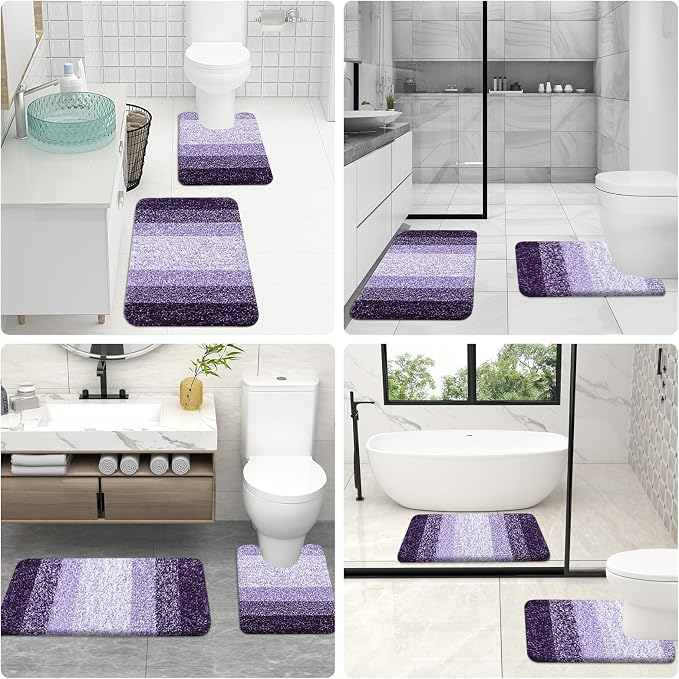 OLANLY Microfiber Bathroom Rugs Sets 3 Piece, 30"x20"+24"x16"+24"x20" | Violet, Soft Absorbent Bath Mats and U-Shaped Contour Toilet Rug, Machine Wash Dry, Plush Shaggy Bath Mat Set for Bathroom