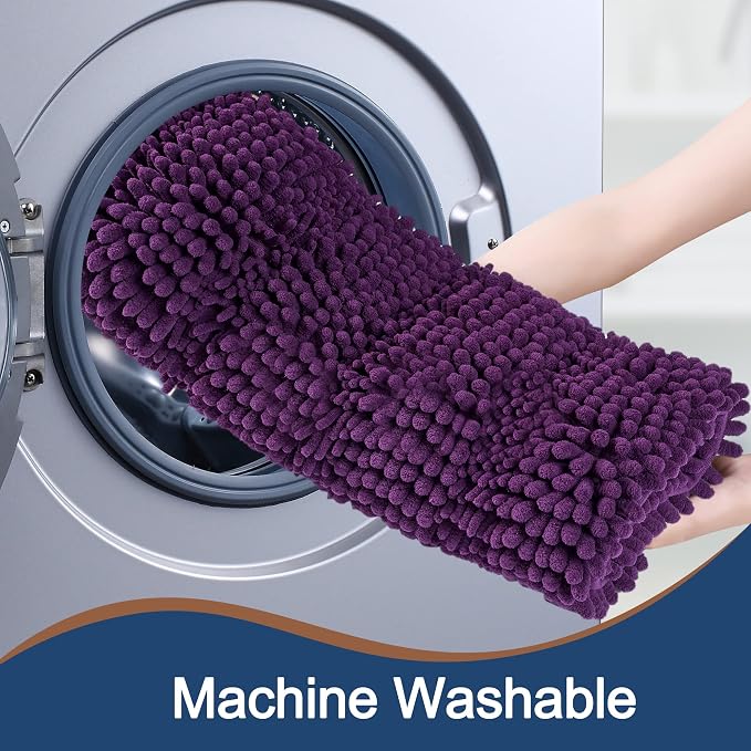 Non Slip Thick Shaggy Chenille Bathroom Rug Sets 2 Piece, Thickened Hot Melt Rubber Bottom Bath Mats for Bathroom, Bath Rugs Quick Dry Machine Washable for Shower (Plum, 47"x17" Plus 17"x24")