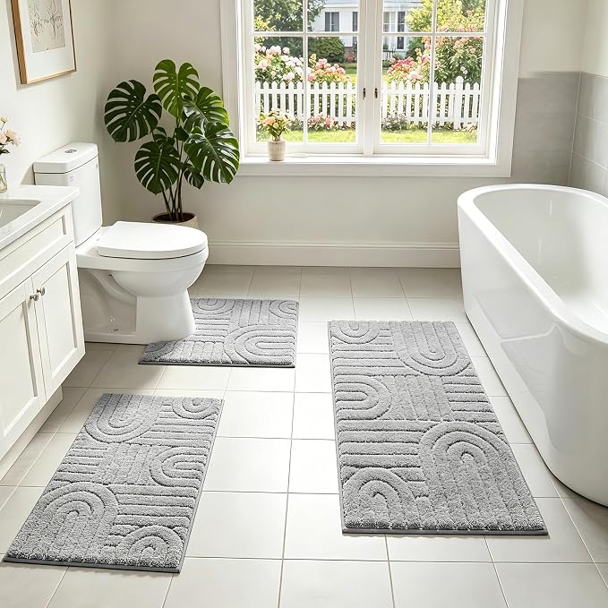 Homcomoda Bathroom Rugs Sets 3 Piece, Soft Absorbent Microfiber Bath Mats and U-Shaped Contour Toilet Rug, Non Slip Bath Rugs Machine Washable Shaggy Bath Room Floor Mats, Grey