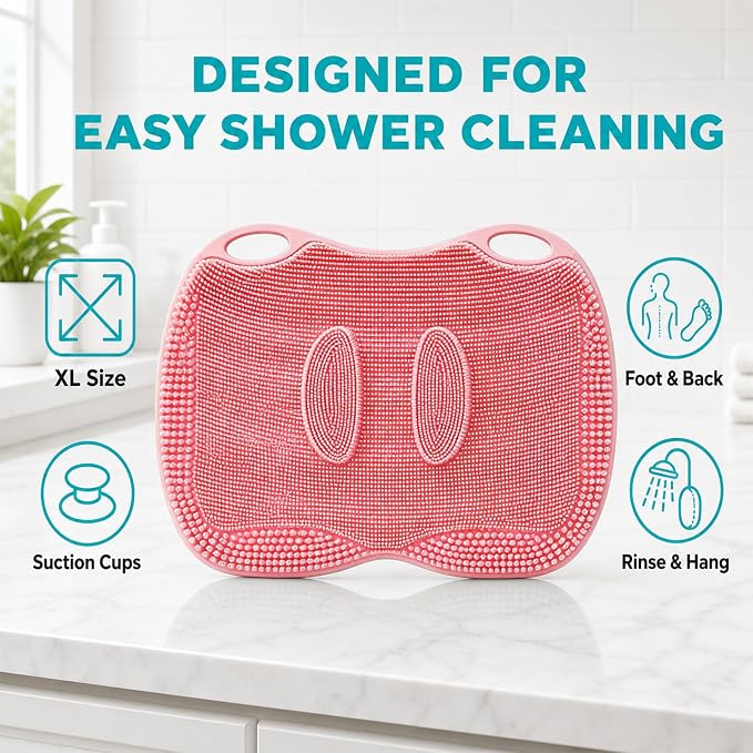 XL Silicone Shower Foot Scrubber Mat with Suction Cups, Foot Washer for Shower, Foot and Back Scrubber for Smooth Shower Wall or Floor, Pink, 17.3 x 12.9 in