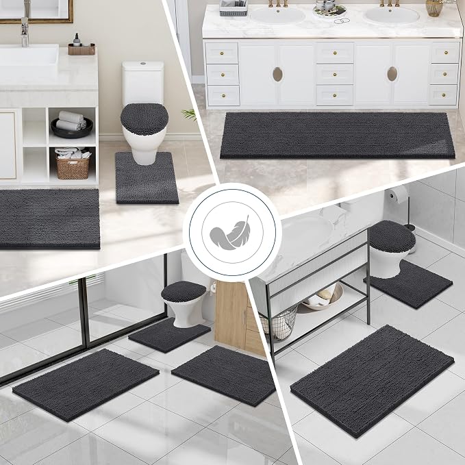 Smiry Chenille Bathroom Rugs Sets 2 Piece (59x20+24x16, Charcoal Grey) | Soft Absorbent Machine Washable Non Slip Shaggy Bath Rug Set for Tub, Shower, and Floor, Home Decor