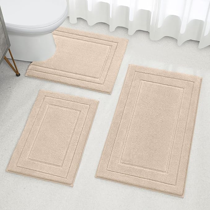 HOMEIDEAS Beige Bathroom Rugs Set of 3, Non Slip Bath Mats | Super Absorbent, Plush Microfiber, Machine Washable, Stain Resistant, Easy Care, Perfect for Modern Bathroom Decor