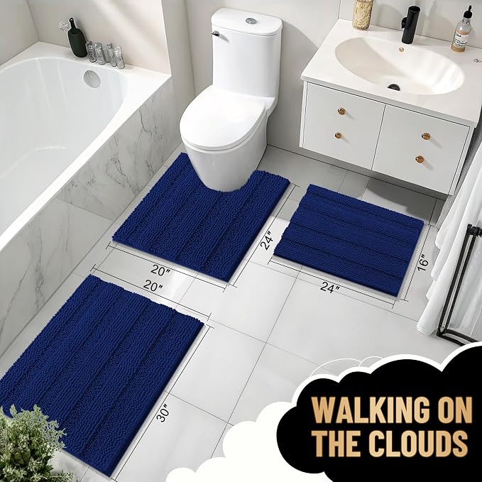 OLANLY Thick Chenille Bathroom Rugs Sets 3 Piece, 36"x24"+24"x16"+24"x20" | Navy, Absorbent Striped Bath Mats and U-Shaped Contour Toilet Rug, Home Decor Accessories, Bath Mat Set for Bathroom