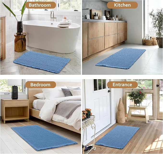 JIUZHEN Set of 2 Waffle Bath Mats Boho Bath Rugs 16"x24"+20"x32", Blue | Non Slip, Super Absorbent, Washable, Ultra Soft, Fast Drying Waffle Bathroom Rugs for Bathroom Floor, Tub, Shower