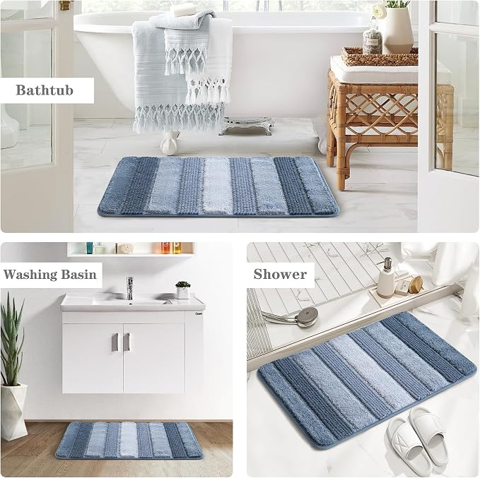 Kmson 2 Pcs Ombre Chenille Bathroom Rugs Set, Non-Slip Shower Mats for Bathroom Floor & Bathtub, Ultra Soft Washable Shaggy Bath Rugs, Thick Absorbent Microfiber Bath Mat Set Blue