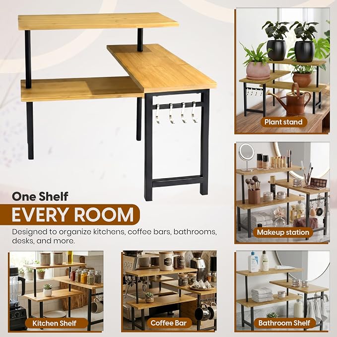 3-Tier Bamboo Corner Organizer Countertop Shelf | Extended top shelf, coffee bar organizer, kitchen counter corner shelf, bathroom vanity, spice rack, space saving bamboo