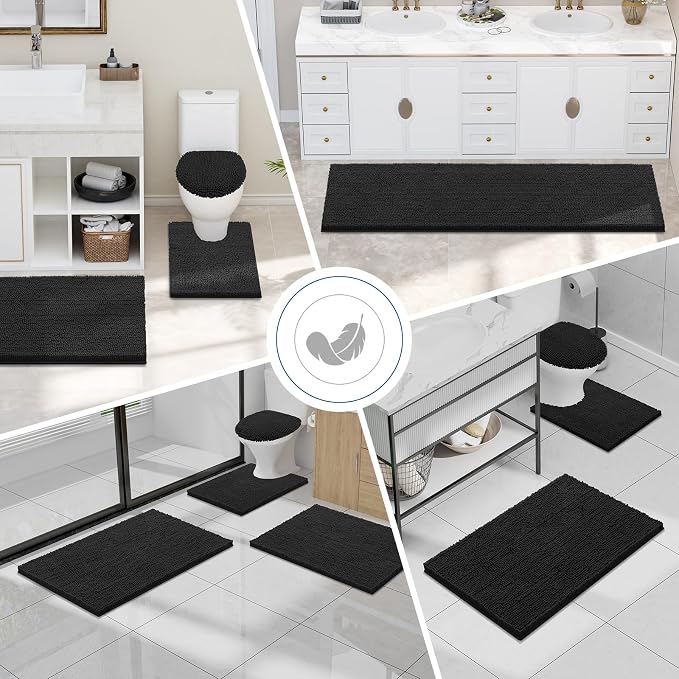 Smiry Chenille Bathroom Rugs Sets 2 Piece (34x21+30x20, Black) | Soft Absorbent Machine Washable Non Slip Shaggy Bath Rug Set for Tub, Shower, and Floor, Home Decor