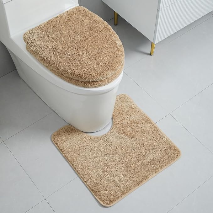 3piece Toilet Seat Cover Set - Toilet Seat Cover +Toilet Lid Cover + toilet rugs u shaped washable, Fits Most Elongated Round and Oblong Toilet(Machine Washable,Quick-Dry) brown