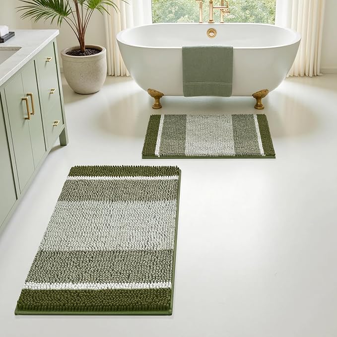HOMEIDEAS Sage Green Bathroom Rugs Set, Striped Chenille, 20"x32"+17"x24" | Non Slip Absorbent Bath Mats, Fluffy Striped Chenille Soft Shaggy Bath Rugs for Bathroom Floor and Tub, Machine Washable