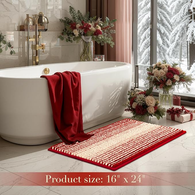BSICPRO Bathroom Rugs, 17x24 Chenille Bath Mats, Christmas Red | Extra Soft Absorbent, Non Slip Striped, Quick Dry Machine Washable, Shower Rug for Bathroom Bedroom Decor
