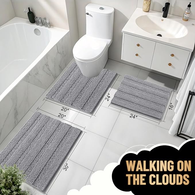 OLANLY Thick Chenille Bathroom Rugs Sets 3 Piece, 47"x20"+24"x16"+24"x20" | Grey, Absorbent Striped Bath Mats and U-Shaped Contour Toilet Rug, Home Decor Accessories, Bath Mat Set for Bathroom