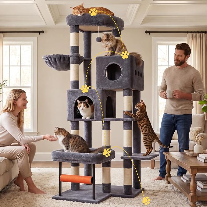 Hey-brother Cat Tree Tower with Stable L-Shaped Widen Base, Condo, MPJ086G | 68.5 Inches Multi-Level Furniture with 2 Platforms, 11 Scratching Posts, Hammock and Toys Ball for Indoor Cats, Smoky Gray