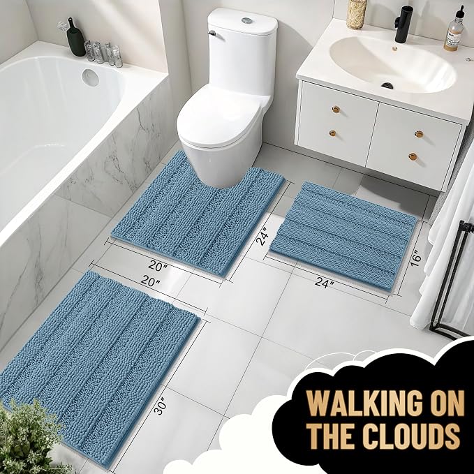 OLANLY Thick Chenille Bathroom Rugs Sets 3 Piece, 30"x20"+24"x16"+24"x20" | Airy Blue, Absorbent Bath Mats and U-Shaped Contour Toilet Rug, Home Decor Accessories, Bath Mat Set for Bathroom