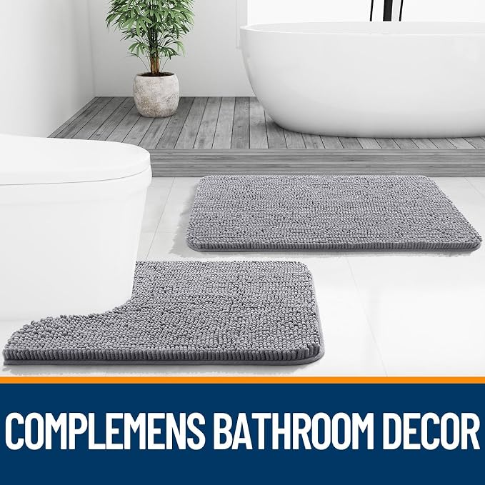 OLANLY Chenille Bathroom Rugs Mats Sets 2 Piece, 36"x24"+24"x20", Grey | Soft Absorbent Bath Mat and U-Shaped Contour Toilet Rug Set, Quick Dry, Machine Washable Bath Carpet, Home Decor Accessories