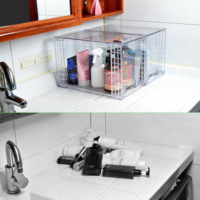 High Clear Stackable Storage Drawers(4 Pack), High-strength Plastic Organizer Bins with Handles for Skincare Bathroom Cabinet Vanity Undersink Kitchen Pantry BPA-Free Storage Containers