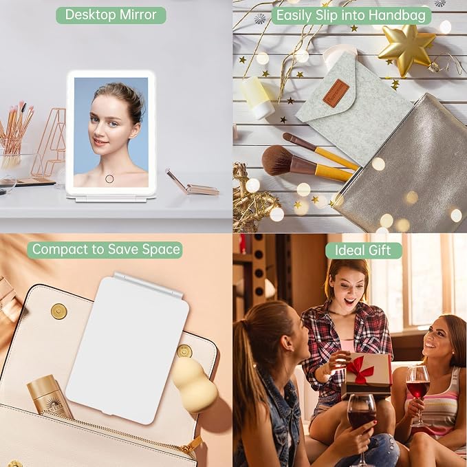 FUNTOUCH Rechargeable Travel Makeup Vanity Mirror with Lights Storage Bag | Portable Lighted Beauty Mirror, 3 Lighting Modes, Dimmable Touch Screen, Tabletop Folding Cosmetic Mirror with Storage Bag