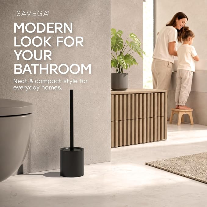 Toilet Bowl Brush with Holder and Lid – Matte Black | Modern toilet bowl brush set with steel holder, splash guard protection, and sturdy handle in matte black