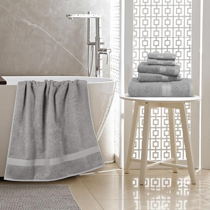 Amazon Basics 6-Piece Fade-Resistant 100% Cotton Towel Set for Bathroom, Soft and Absorbent, 2 Bath Towels, 2 Hand Towels, 2 Washcloths, Gray