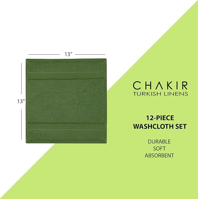 Chakir Turkish Linens 100% Cotton 12-Pack Washcloths 13x13, Moss | 100% cotton washcloths, 12-pack 13x13, OEKO-TEX certified, soft absorbent face towels