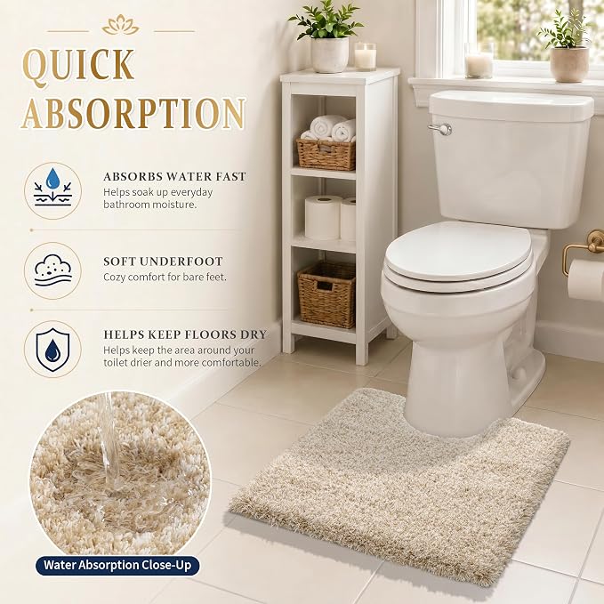 Yimobra Toilet Rugs U Shaped 24X20, Ultra Soft and Water Absorbent Bath Mats, Non Slip Fluffy Luxury Microfiber Contour Bath Rugs for Toilet, Dry Quick, Machine Washable, Light Beige and White