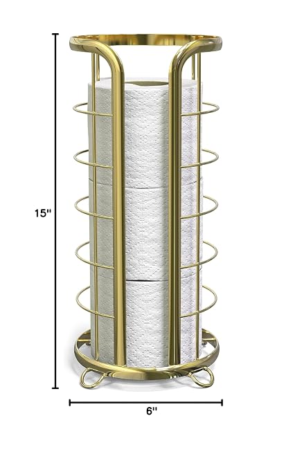BROOKSTONE Toilet Paper Holder Stand Reserve - Free Standing Toilet Paper Stand with Storage that Holds Mega Rolls, Standing Bathroom Tissue Organizer, Bathroom Decor - Modern Storage Holder, Gold