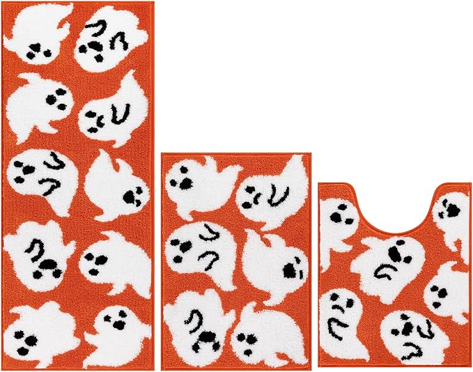 Pauwer Halloween Bathroom Rugs Sets 3 Piece, Fall Bath Mats, Orange Ghost | Spooky, Microfiber, U-Shaped Contour Toilet Rug, Soft Plush Absorbent, Quick Dry, Non Slip Washable Bath Mat Set