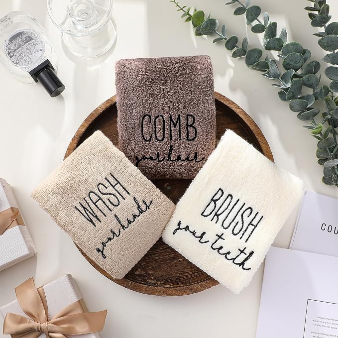 3 Pcs Hand Towels Bathroom Set,Brown,Brush Comb Wash | Embroidered Cotton Farmhouse Towels, Kitchen Decor, Rustic Boho Decorative with Text Labels, Guest Bath Home