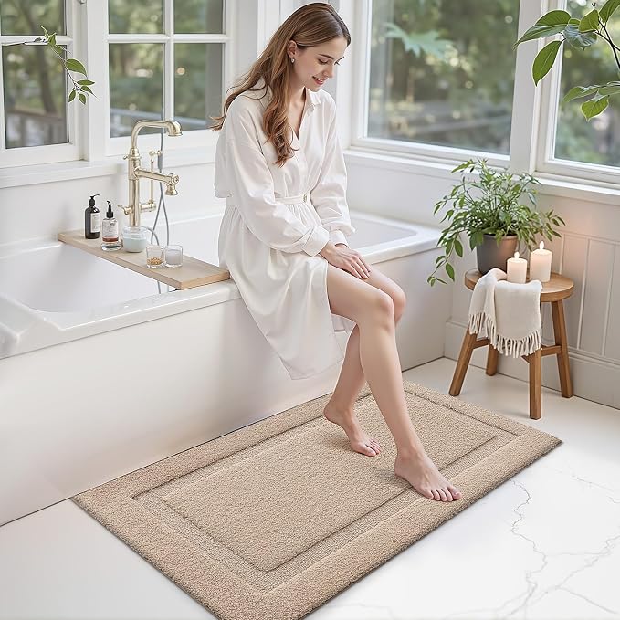 LUMI Large Bathroom Rugs Soft Absorbent, Non Slip Bath Mat 24x43, Beige | Machine Washable with Rubber Backing, Quick Dry, Premium Microfiber Plush Carpet for Bathtub and Shower Floor