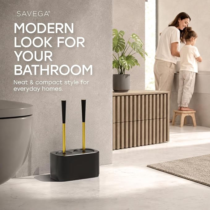 2-in-1 Toilet Bowl Brush and Plunger Set with Caddy – Gold | All-in-one toilet bowl brush and plunger combo with a compact plastic caddy & steel handles in gold