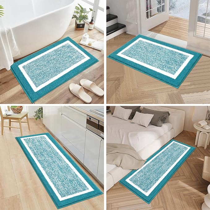 Pauwer Bathroom Rug Sets 3 Piece, Non Slip Washable Bath Mat, Aqua Blue | Soft Plush Microfiber, Super Absorbent Floor Carpet, U Shaped Toilet Mats, Quick Dry, Shaggy Shower Rugs Runners