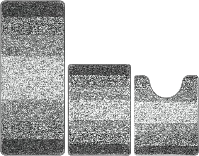 Pauwer 3 Piece Bathroom Rug Set, Microfiber Non Slip Bath Mats, Grey | Machine Washable, Quick Dry, Ultra Absorbent Floor Carpet, Plush Shower Rugs, U-Shaped Contour Toilet Mat