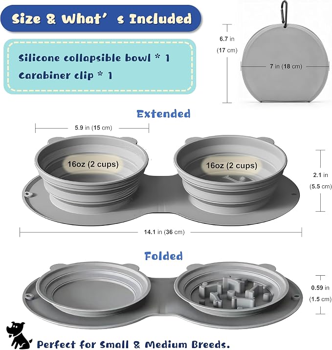 Premium Silicone Collapsible Dog Bowl with Carabiner Clip, 2-in-1 Foldable Double Pet Food & Water Travel Bowl, Portable No-Spill Design for Walking Hiking Camping, for Small Medium Dogs