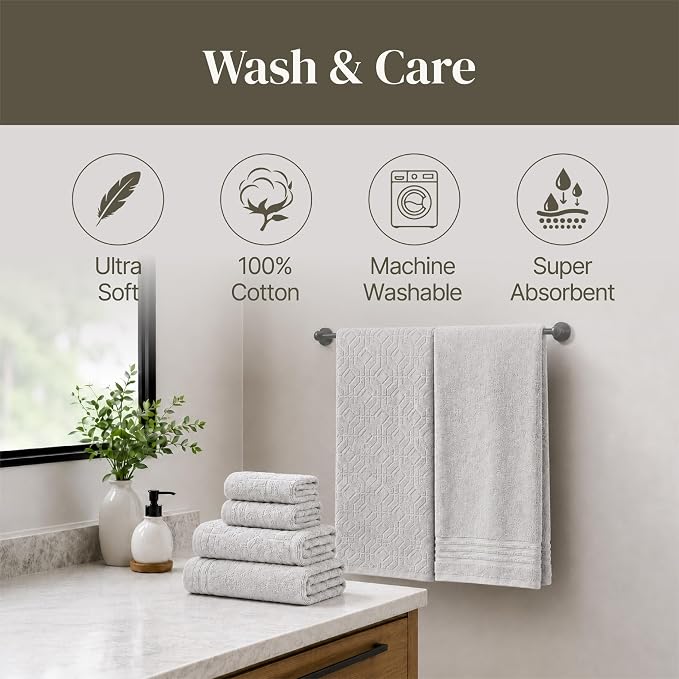 Modern Threads 6 Piece Cotton Bath Towel Set – Ultra Soft 550 GSM Towels – Bathroom Set with Hand Towels and Washcloths – Geometric (Silver Cloud)