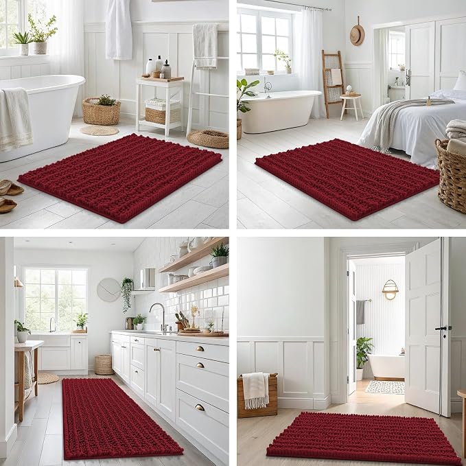 Smiry Bathroom Rugs 47X24, Extra Soft Rubber Backing Chenille Bath Mats | Red Machine Washable Non Slip Quick Dry Bath Mats for Bathroom Floor, Tub, Shower, Home Decor Accessories
