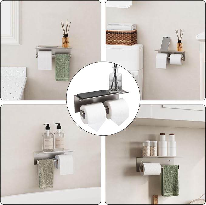 Brushed Nickel Toilet Paper Roll Holder with Shelf Wall Mounted for Bathroom (Brushed Nickel, Double Head)