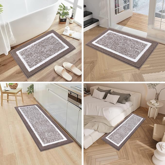 Pauwer Bathroom Rugs 3 Piece Set, Non Slip Washable Bath Mat, Coffee | Soft Plush Microfiber, Super Absorbent Floor Carpet, U Shaped Toilet Mats, Quick Dry, Shaggy Shower Rugs Runners